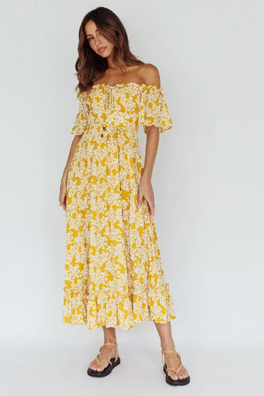 Voyager Off-Shoulder Bell Sleeve Midi Dress Floral Yellow Comfortable Short Sleeve Midi Dress