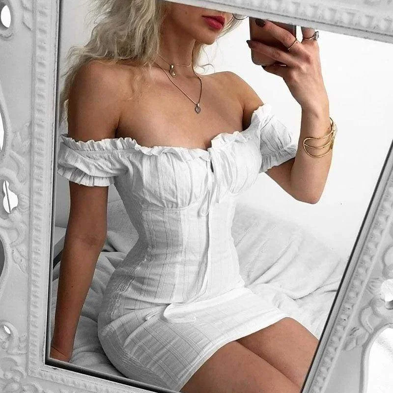 FashionSierra - White Sexy off shoulder Ruffles bodycon bandage mini dress Casual High-Waist Mini Dress
