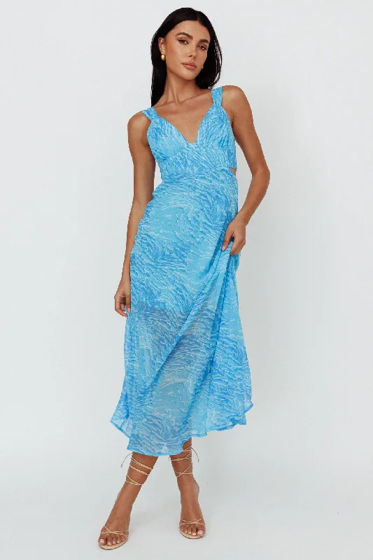 Willa Tie Back Midi Dress Print Blue Comfortable Denim Midi Dress