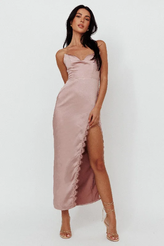 Winter Moon Strapless Lace Trim Midi Dress Dusty Pink Stylish Button-Up Midi Dress