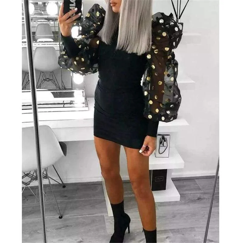 FashionSierra - Woman Fashion Casual Slim Female Bodycon Mini Dresses Spring Fall Puff Mesh Polka Dot Long Sleeve Black Club Dress Elegant Tulle Mini Dress