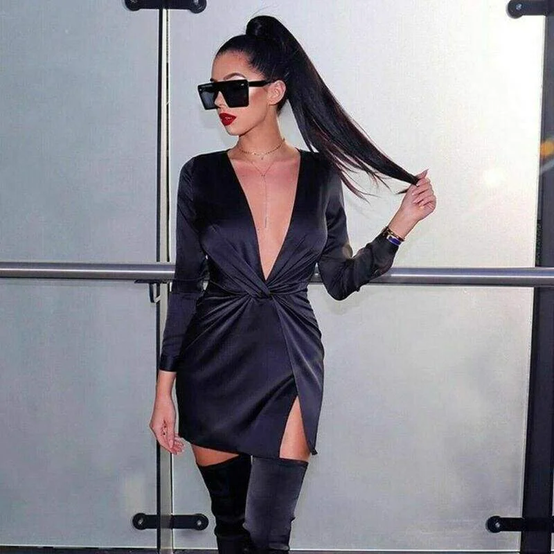 FashionSierra - Women Autumn Long Sleeve Deep V Neck Satin Mini Dress Ladies Short Knot Wrap Split Party Club Dresses Elegant Vintage Mini Dress FashionSierra - Women Autumn Long Sleeve Deep V Neck Satin Mini Dress Ladies Short Knot Wrap Split Party Club Dresses Elegant Vintage Mini Dress
