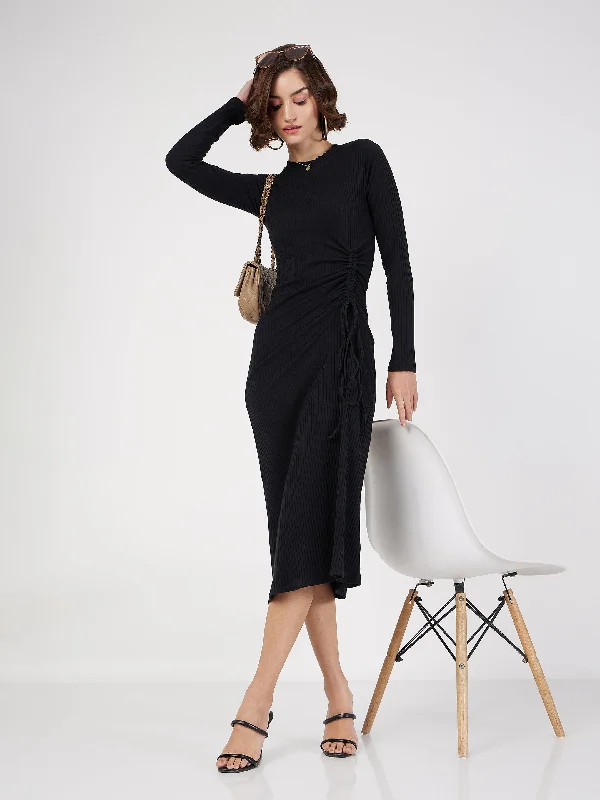 Women Black Rib Side Ruched Bodycon Midi Dress Fashionable High-Neck Midi Dress