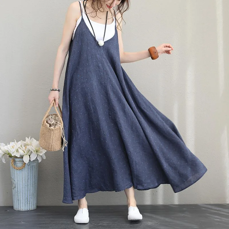 Women Blue Linen Maxi Dress Plus Size O Neck Spaghetti Strap Embroidery Linen Maxi Dress Fine Exra Large Hem Maxi Dresses Fashionable Faux Wrap Maxi Dress