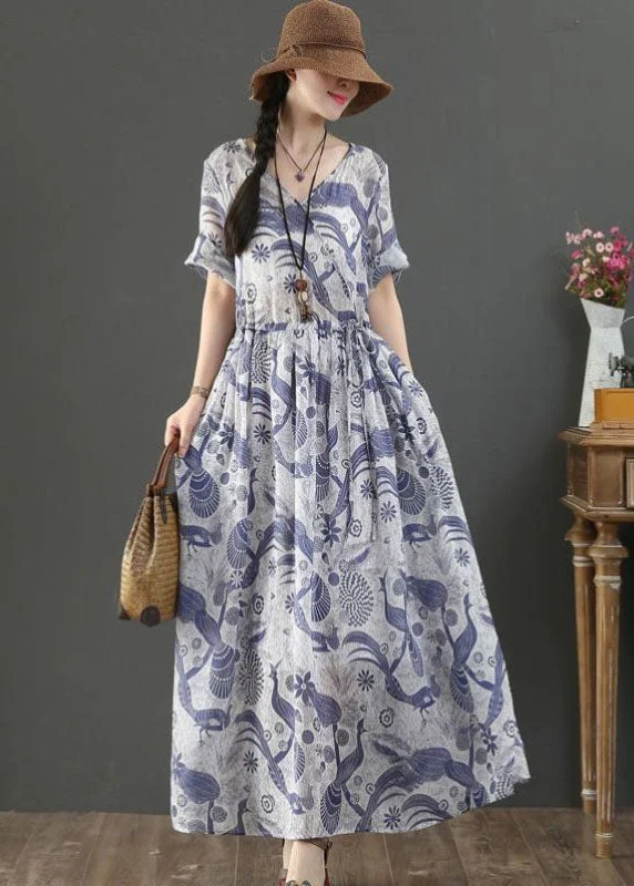Women Blue Tie Waist V Neck Print Linen Maxi Dress Short Sleeve Chic Summer Floral Maxi Dress Women Blue Tie Waist V Neck Print Linen Maxi Dress Short Sleeve Chic Summer Floral Maxi Dress