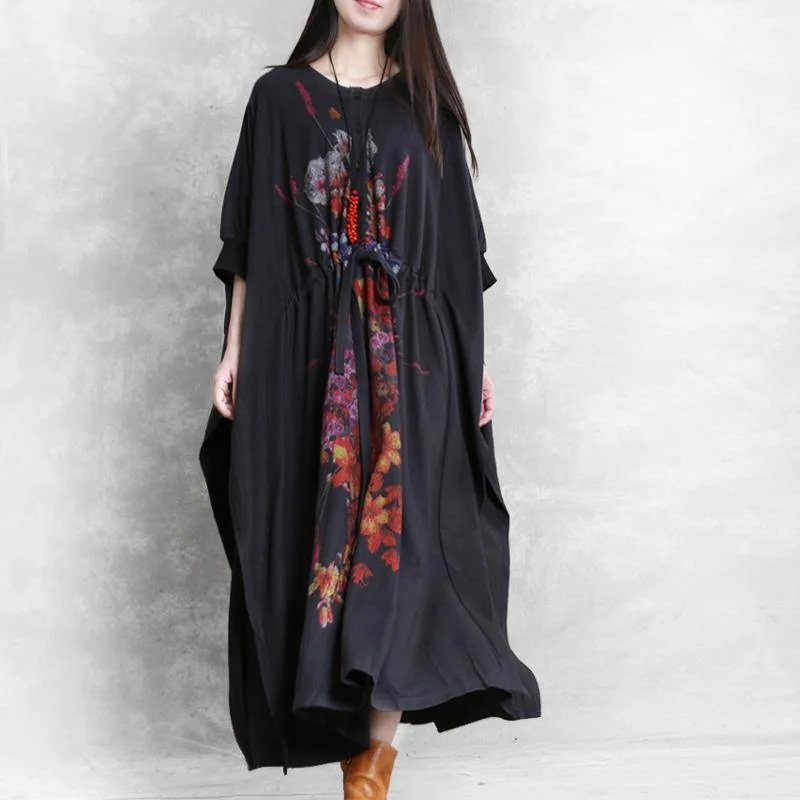 Women drawstring cotton dresses Catwalk black prints Maxi Dress fall Comfortable Maxi Dress with Belt Women drawstring cotton dresses Catwalk black prints Maxi Dress fall Comfortable Maxi Dress with Belt
