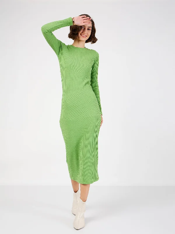 Women Green Rib Bodycon Midi Dress Elegant Pleated Detail Midi Dress