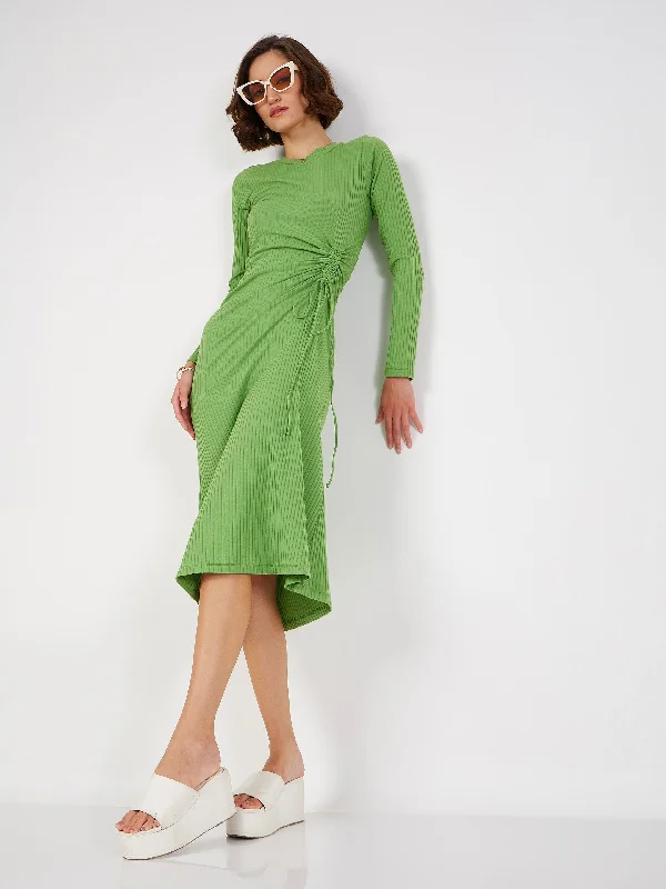 Women Green Rib Side Ruched Bodycon Midi Dress Trendy Boho Midi Dress