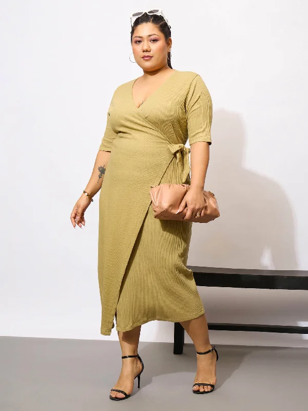 Women Khaki Rib Wrap Bodycon Midi Dress Trendy Tiered Hem Midi Dress
