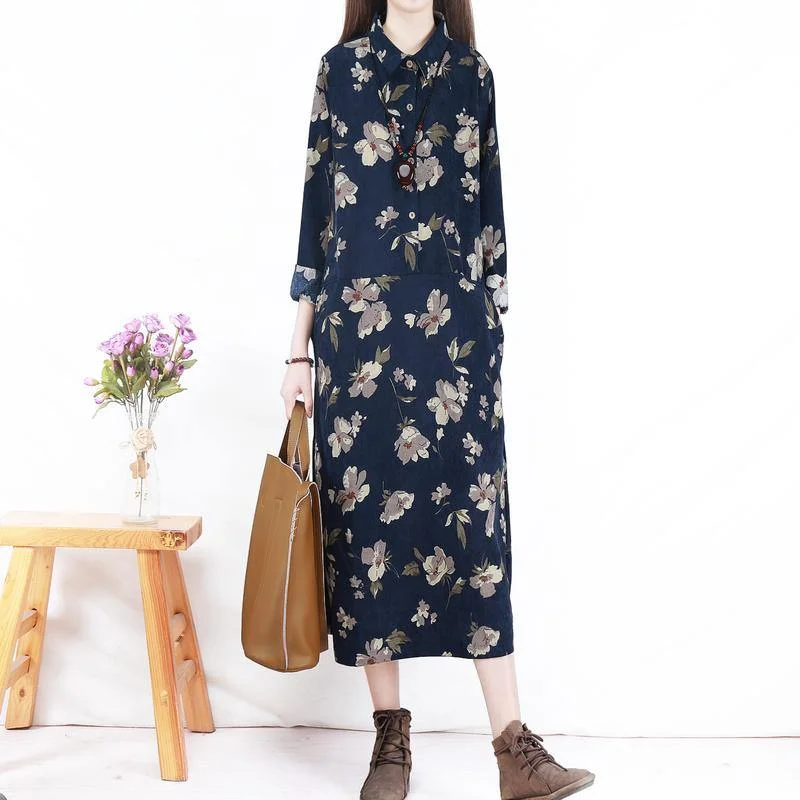 Women lapel pockets corduroy dress Boho Tutorials navy print Maxi Dresses Comfortable Satin Maxi Dress Women lapel pockets corduroy dress Boho Tutorials navy print Maxi Dresses Comfortable Satin Maxi Dress