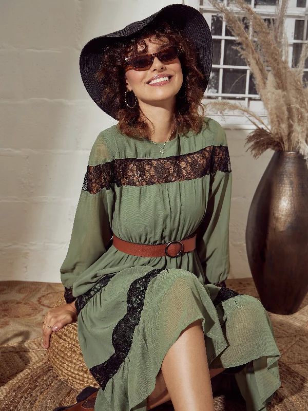 Women Olive Lace Insert Tiered Midi Dress Stylish Color Block Midi Dress