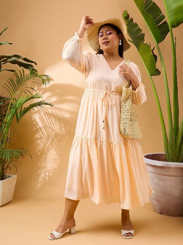 Women Peach Solid Front Dori Tiered Midi Dress Trendy A-Line Midi Dress