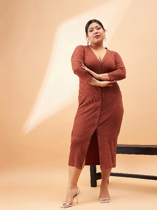 Women Rust Rib Front Button V-Neck Midi Dress Trendy Tiered Hem Midi Dress