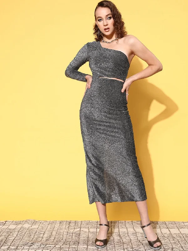 Women Silver Lurex Waist Cut-Out One Shoulder Midi Dress Comfortable Short Sleeve Midi Dress Women Silver Lurex Waist Cut-Out One Shoulder Midi Dress Comfortable Short Sleeve Midi Dress