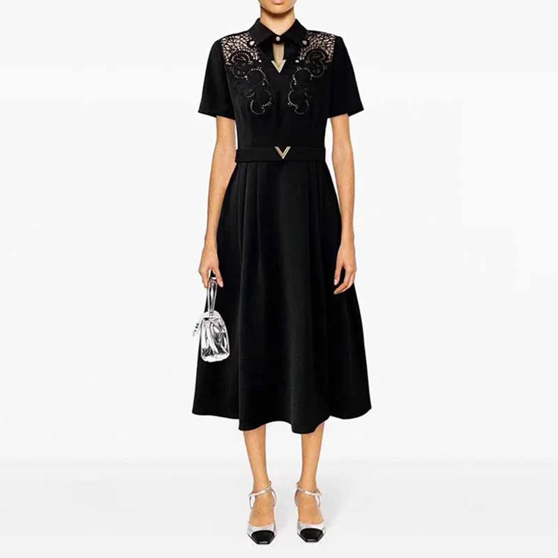 Women's Cut-Out Short Sleeves Belt Slim Midi Dress Comfortable Casual Midi Dress