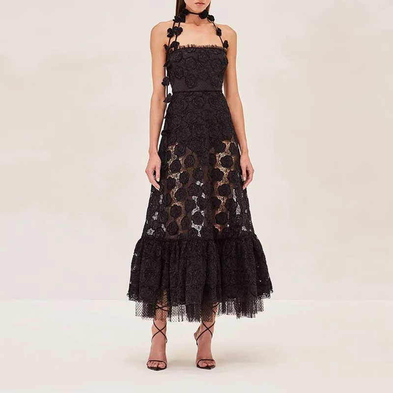 Womens Halterneck Midi Dress Lace Embroidered Floral Dress Chic Lace Detail Midi Dress Womens Halterneck Midi Dress Lace Embroidered Floral Dress Chic Lace Detail Midi Dress