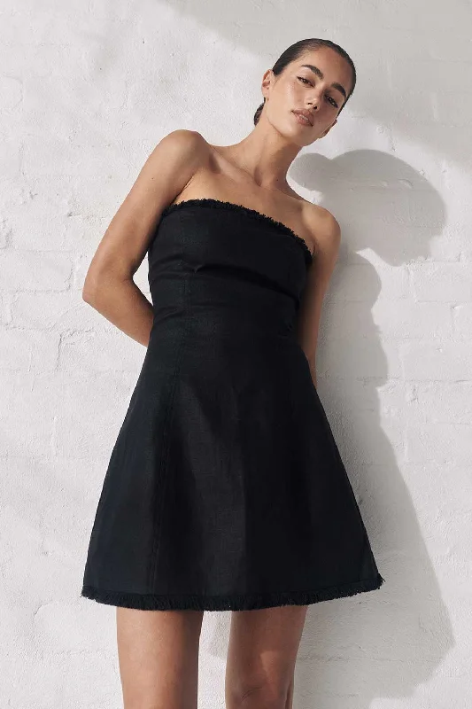 ZAHARA BLACK FRINGED MINI DRESS Cozy Cowl Neck Mini Dress