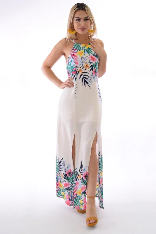 Maya, Tropical print halter cream maxi dress with slit legs