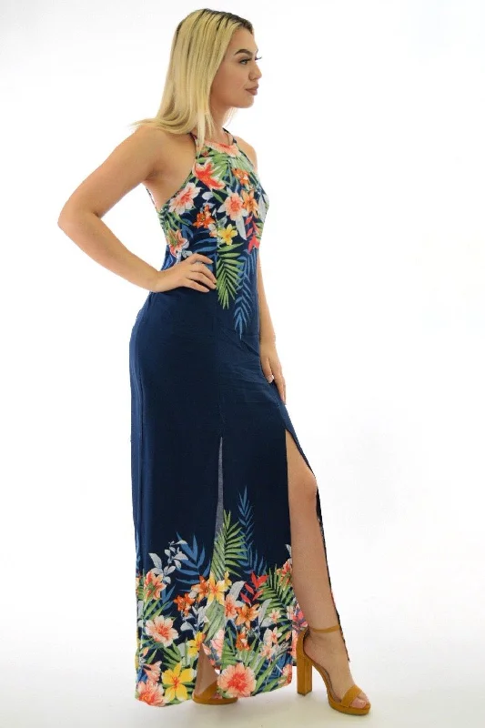 Maya, Tropical print halter navy maxi dress with slit legs