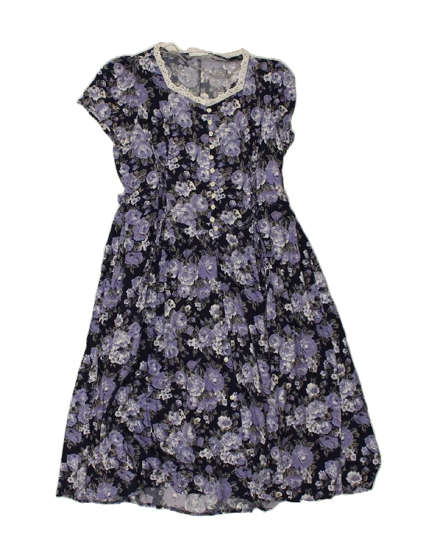 RENE' DERHY Womens Short Sleeves Maxi Dress UK 16 Large Navy Blue Floral