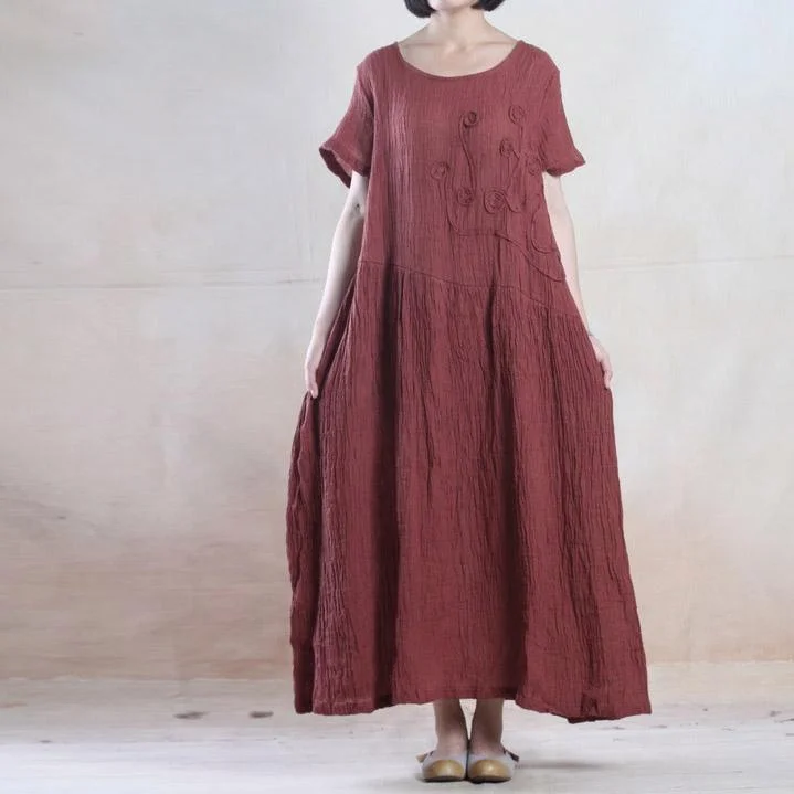 Summer linen maxi dress long pleated sundress minimalist dress Burgundy