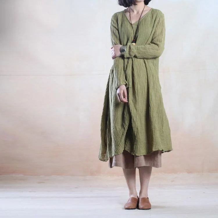 Tea green pleated linen gown long linen maxi dress vintage- when a leaf turns green