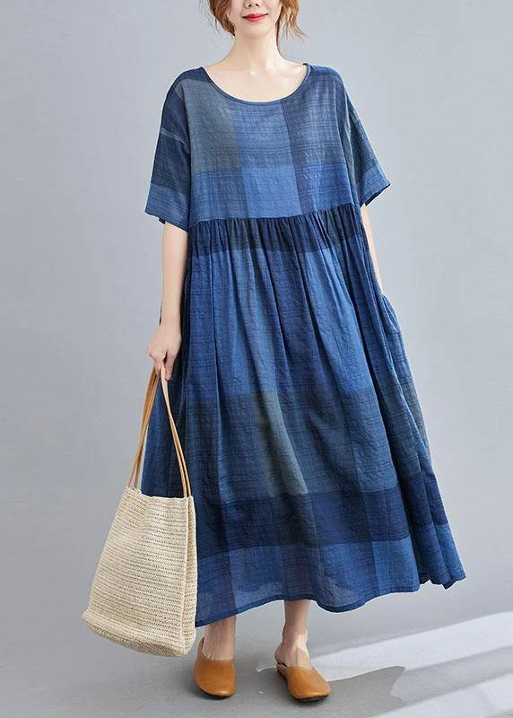 Unique Blue Plaid Casual Pockets A Line Summer Maxi Dresses Half Sleeve