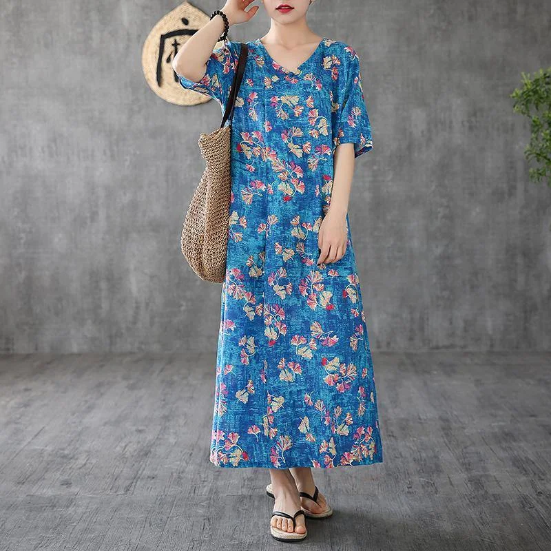 Unique blue print linen Robes o neck short sleeve Maxi Dresses