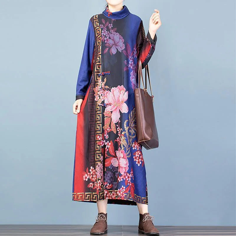 Unique front open cotton high neck clothes Runway blue floral Maxi Dresses