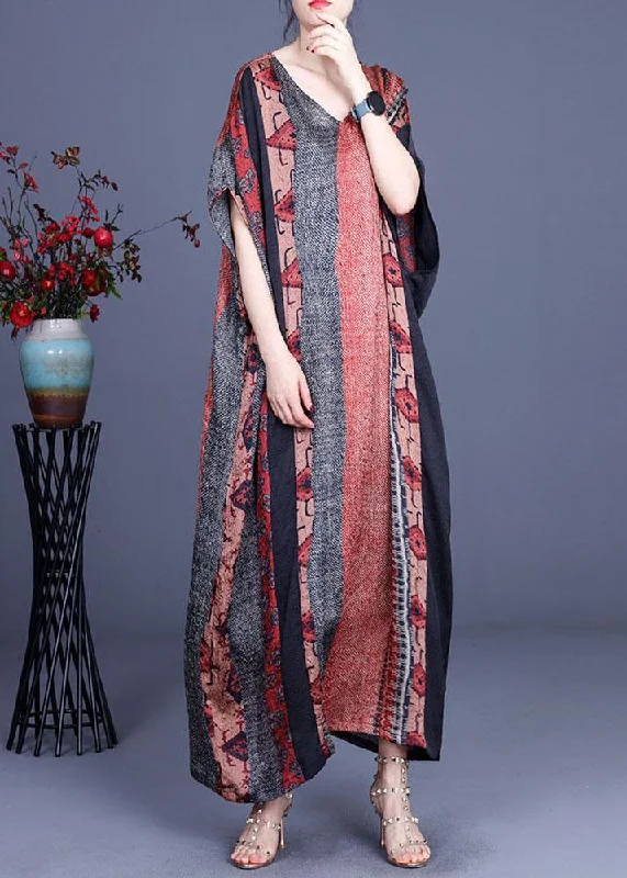 Unique Orange Print Patchwork Summer Silk Maxi Dresses Batwing Sleeve