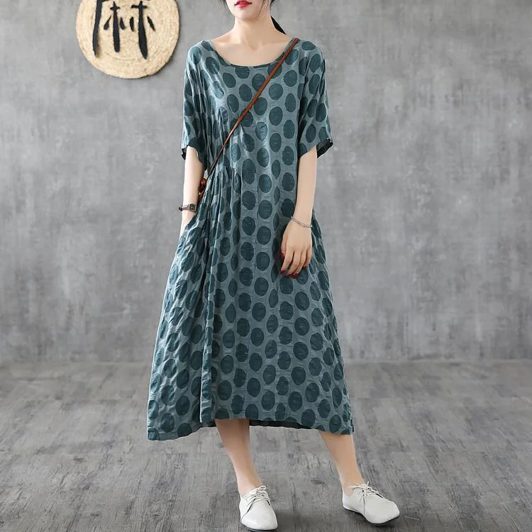 Unique Patchwork O Neck Cotton Clothes Photography Green Dotted Maxi Dress Summer ( Limited Stock)