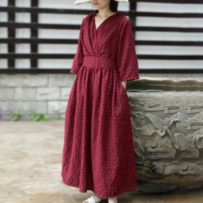 Unique Plus Size Flare Sleeve Plaid V-neck Lace Maxi Dress