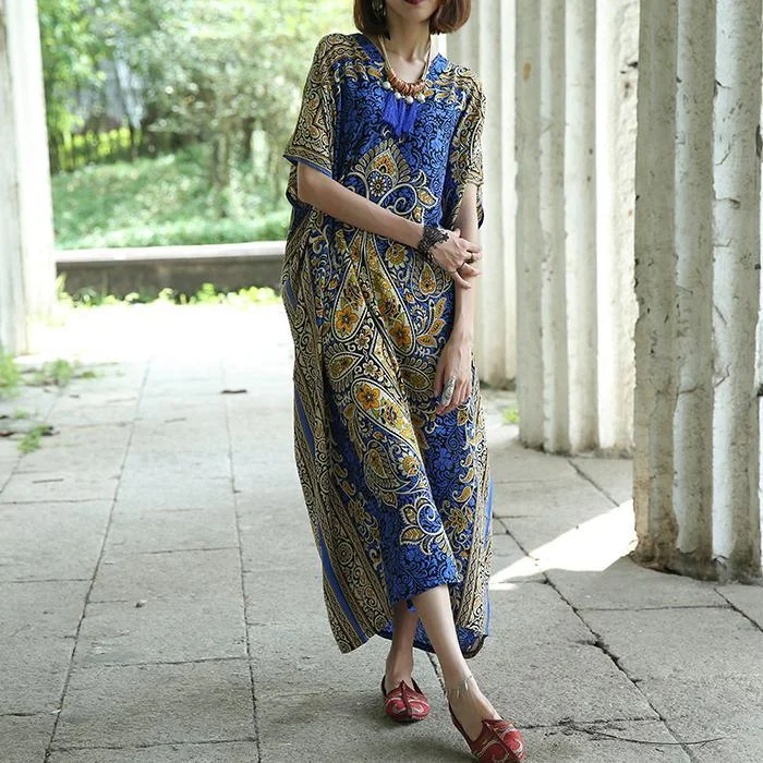 Unique v neck pockets summer tunics for women Work Outfits blue print Maxi Dress