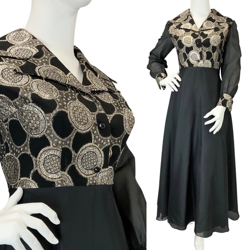 VINTAGE 60s 70s BLACK GOLD CIRCLE EMBROIDERED DAGGER SHIRT MAXI DRESS 14 16