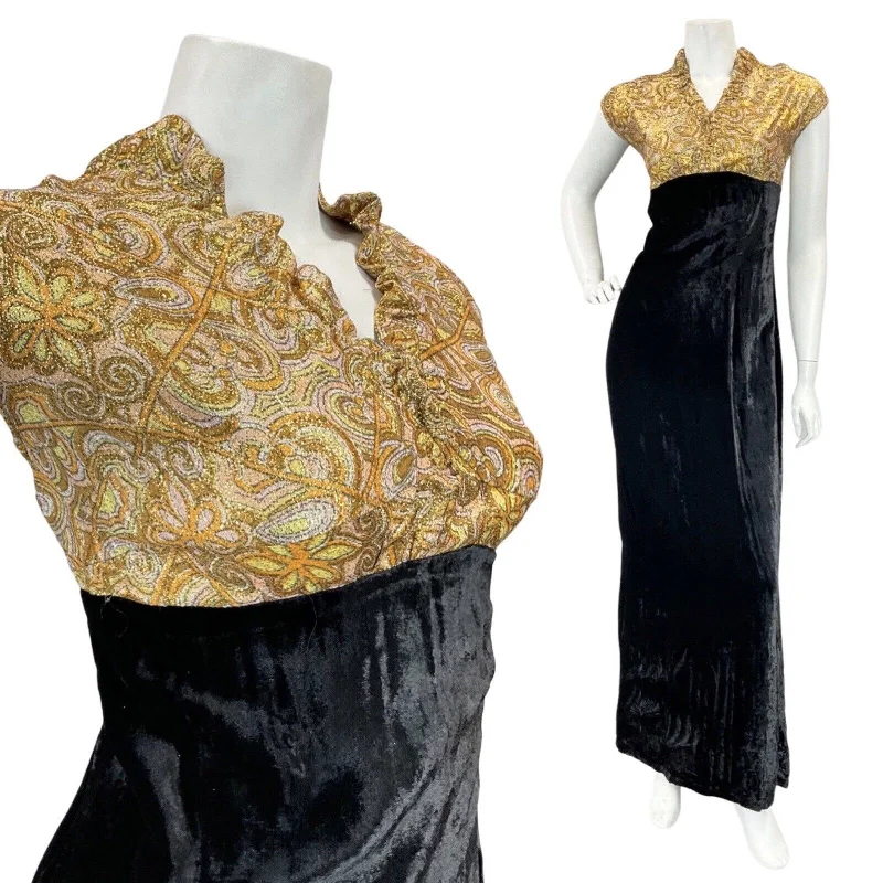 VINTAGE 60s 70s BLACK GOLD PSYCHEDELIC FLORAL VELVET MOD EMPIRE MAXI DRESS 12 14