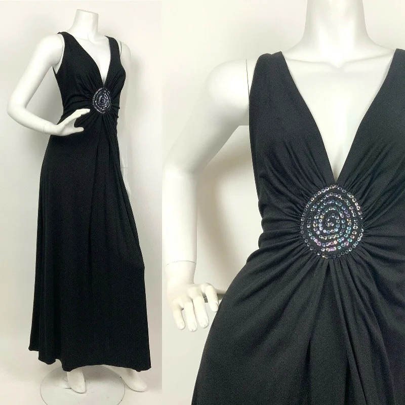 VINTAGE 60s 70s BLACK IRIDESCENT SEQUIN SPIRAL PLUNGE GLAM GOWN MAXI DRESS 6 8