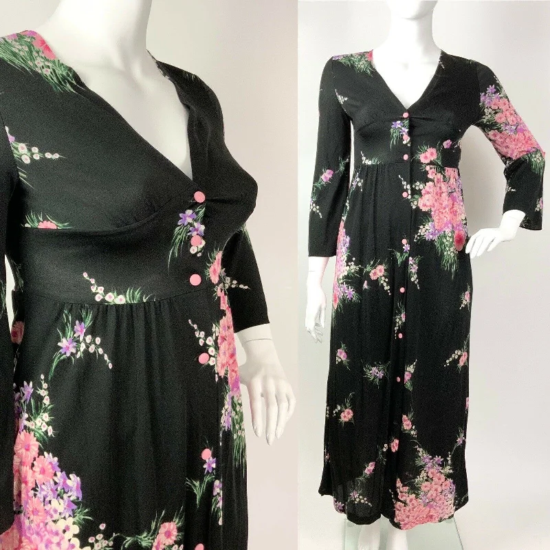 VINTAGE 60s 70s BLACK PASTEL PINK PURPLE GREEN FLORAL BOUQUET MAXI DRESS 14 16