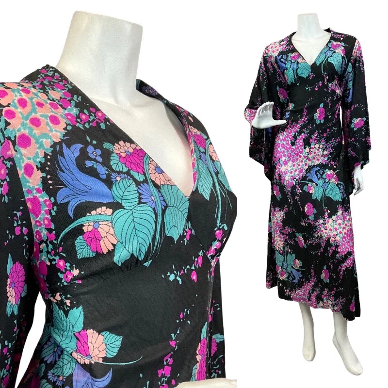 VINTAGE 60s 70s BLACK PINK BLUE FLORAL LEAFY ANGEL SLEEVE MAXI DRESS 12 14