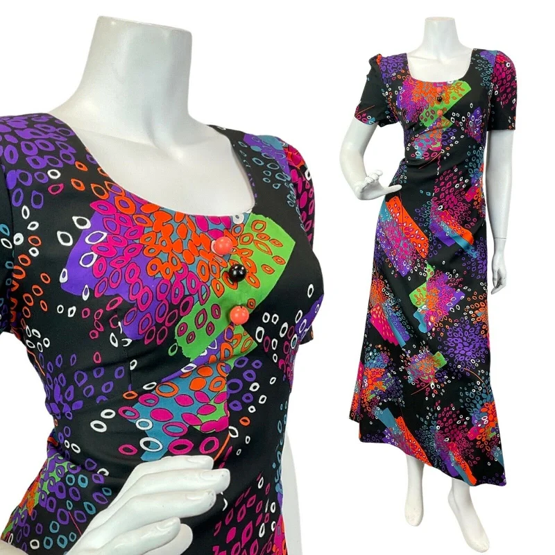 VINTAGE 60s 70s BLACK PURPLE GREEN ABSTRACT LEAFY PSYCHEDELIC MOD MAXI DRESS 12