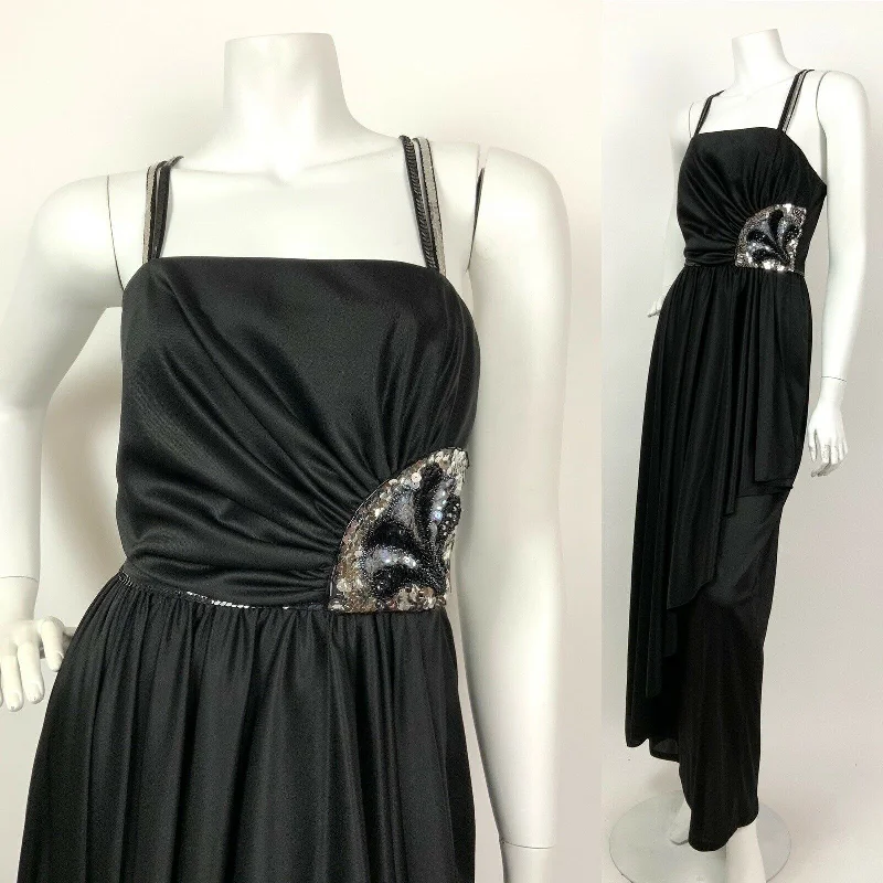 VINTAGE 60s 70s BLACK SILVER SEQUIN COCKTAIL PARTY DECO STRAPPY MAXI DRESS 6