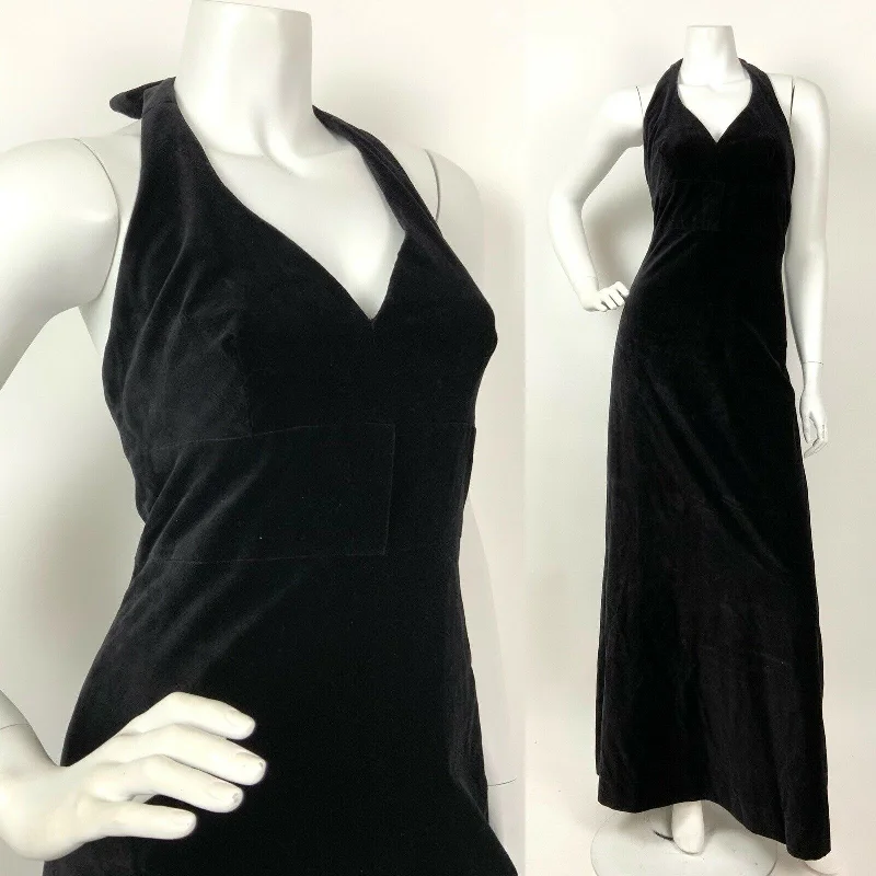 VINTAGE 60s 70s BLACK VELVET BOW GLAM STUDIO 54 HALTER-NECK MAXI DRESS 6