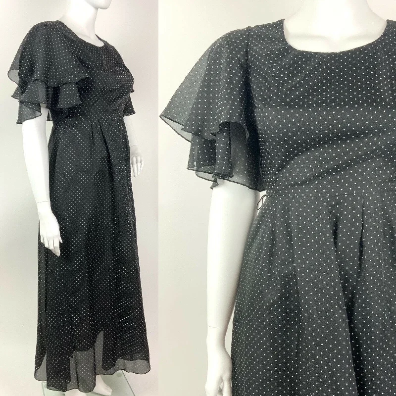 VINTAGE 60s 70s BLACK WHITE POLKA-DOT SHEER CAPE SLEEVE FLOATY MAXI DRESS 14 16