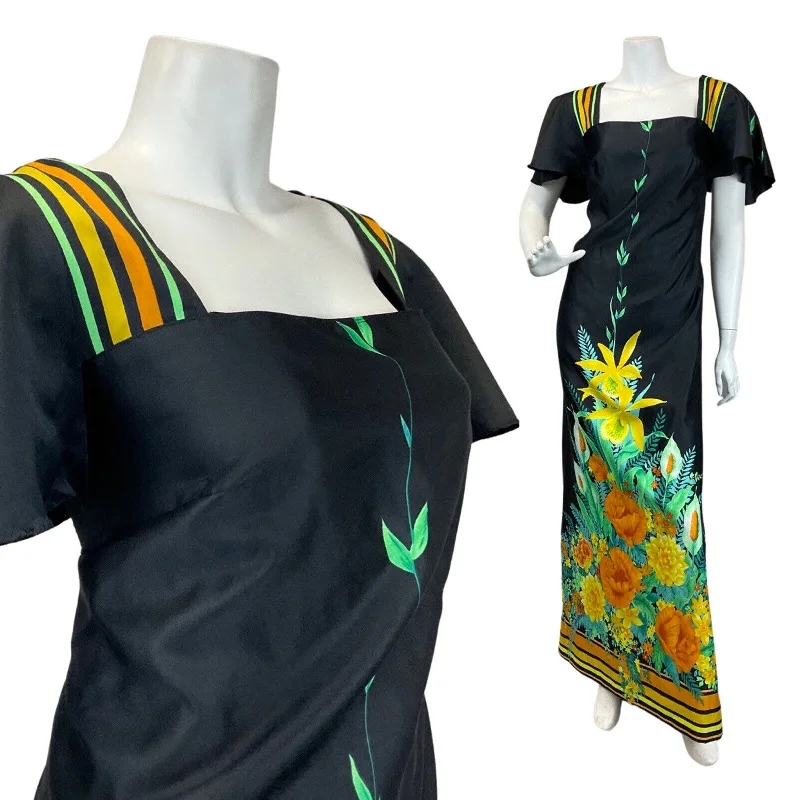 VINTAGE 60s 70s BLACK YELLOW ORANGE FLORAL SUMMER MAXI DRESS 12 14