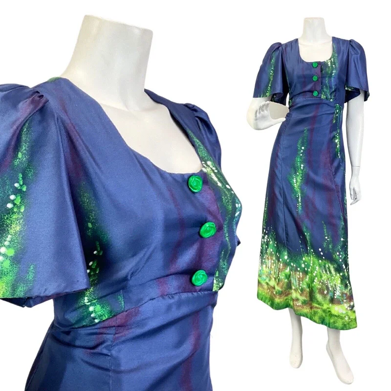 VINTAGE 60s 70s BLUE LIME GREEN PSYCHEDELIC BELL SLEEVE SUMMER MAXI DRESS 10