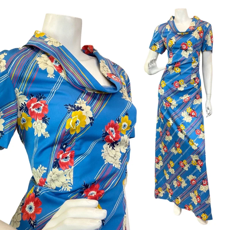 VINTAGE 60s 70s BLUE RED YELLOW STRIPED FLORAL COWL MAXI DRESS 10 12