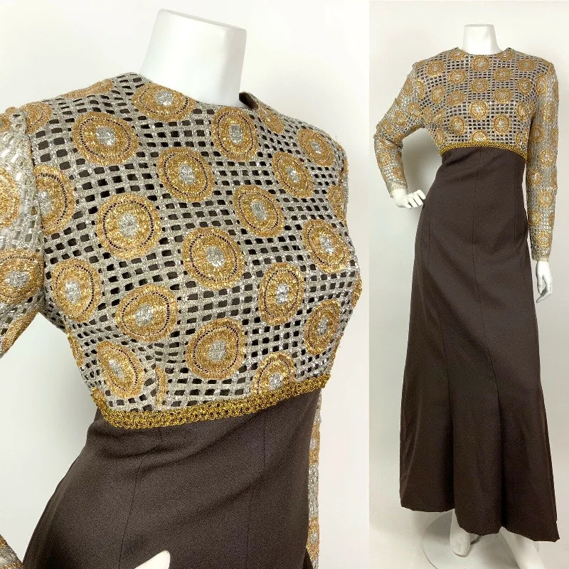 VINTAGE 60s 70s BROWN SILVER GOLD GEOMETRIC MESH PARTY DISCO MAXI DRESS 14 16