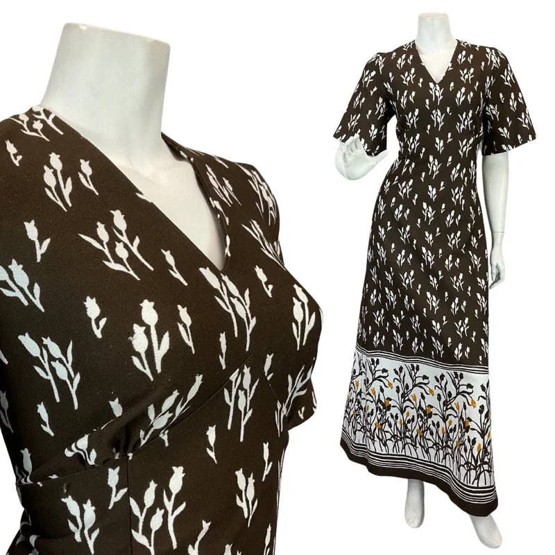 VINTAGE 60s 70s BROWN WHITE TULIP FLORAL BOHO MOD MAXI DRESS 10 12