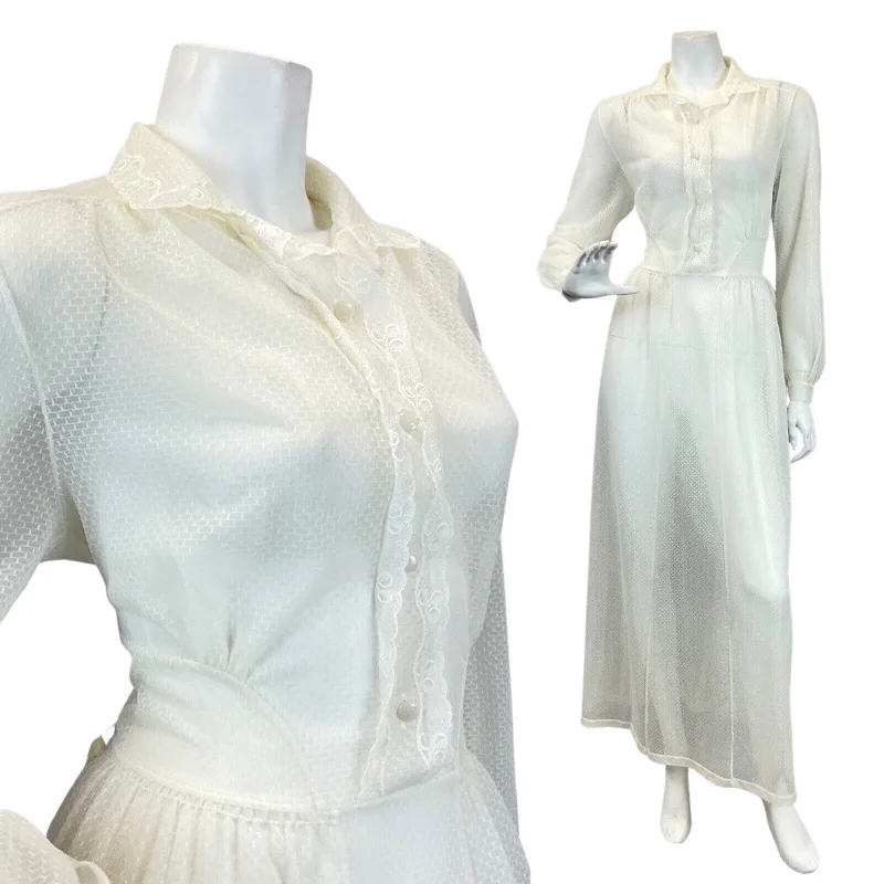 VINTAGE 60s 70s CREAM WHITE EMBROIDERED SHIRT PRAIRIE SHEER MAXI DRESS 10 12