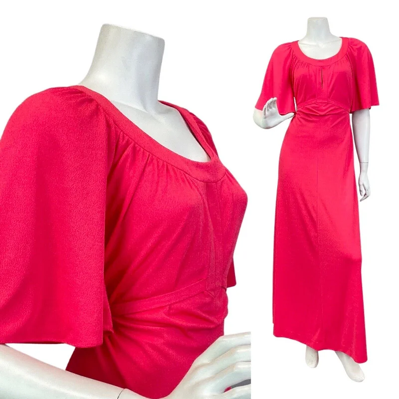 VINTAGE 60s 70s FUCHSIA PINK CAPE SLEEVE BOHO PRAIRIE SUMMER MAXI DRESS 14 16