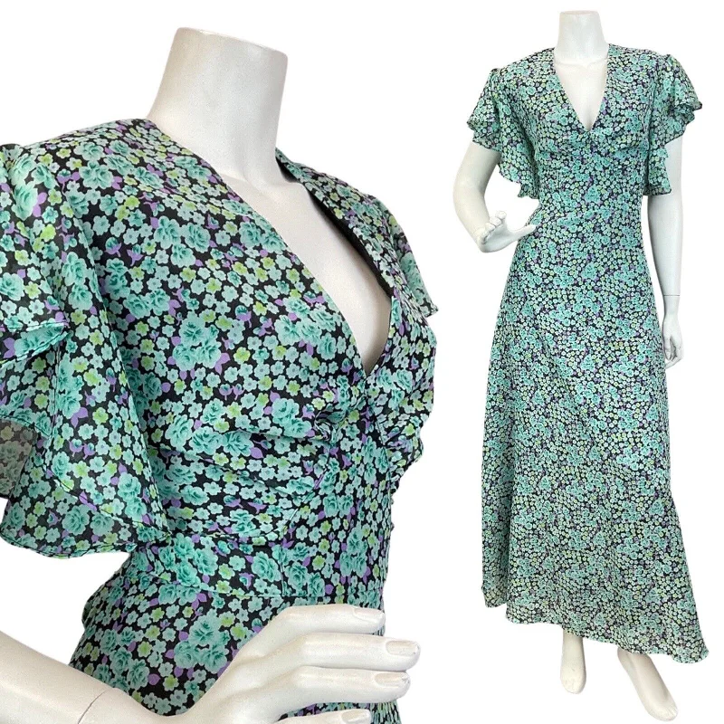 VINTAGE 60s 70s GREEN BLUE PURPLE DITSY FLORAL RUFFLED BOHO MAXI DRESS 12